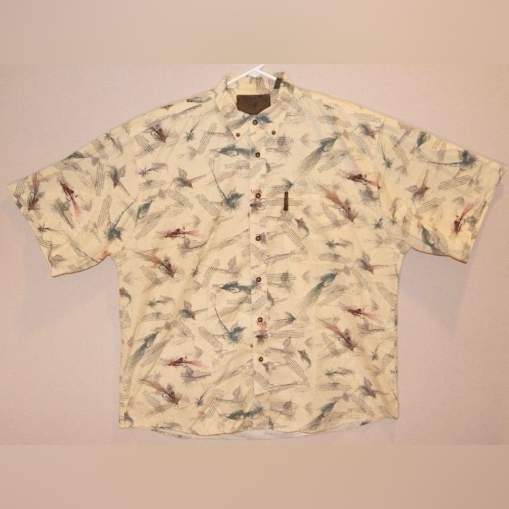 North River Mens Size L Yellow Outfitters Fishing Hook Graphic Button Down Shirt